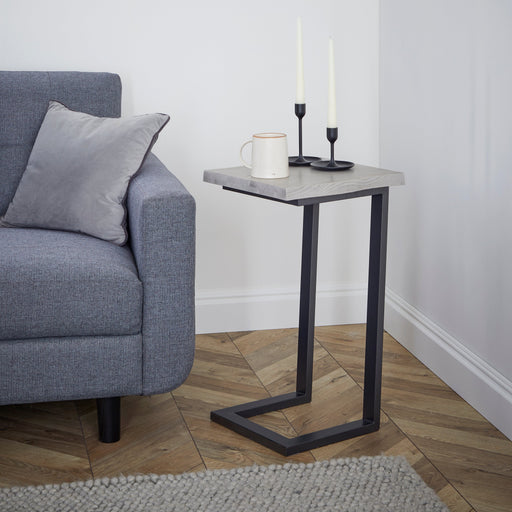 Dalston Grey Oak Side Table, Live Edge Top with Industrial Style Black Metal Legs - The Furniture Mega Store