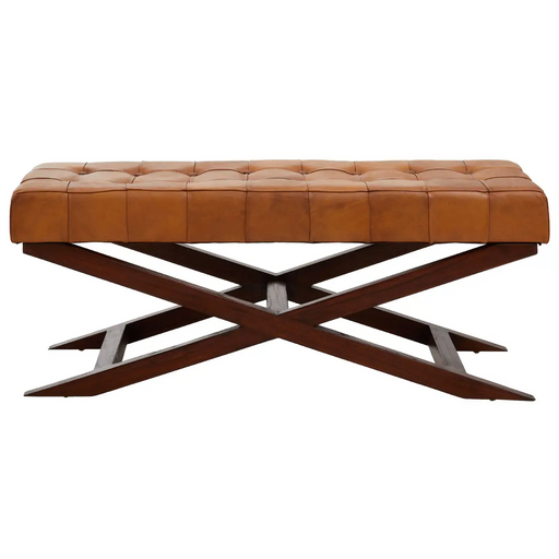 Ivy Genuine Leather Button Tufted Cross Base Bench Seat - 121cm - The Furniture Mega Store