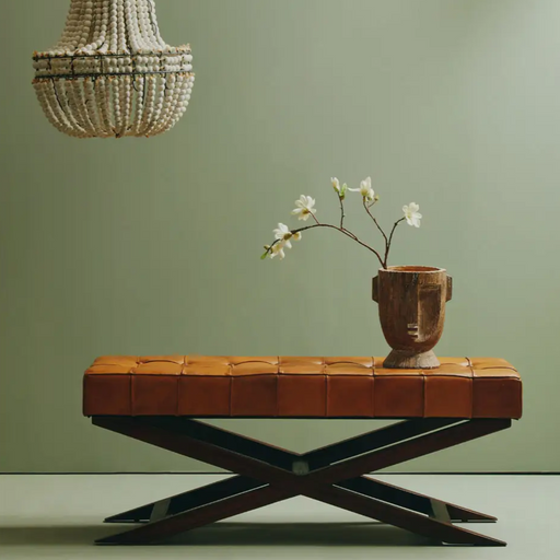 Ivy Genuine Leather Button Tufted Cross Base Bench Seat - 121cm - The Furniture Mega Store