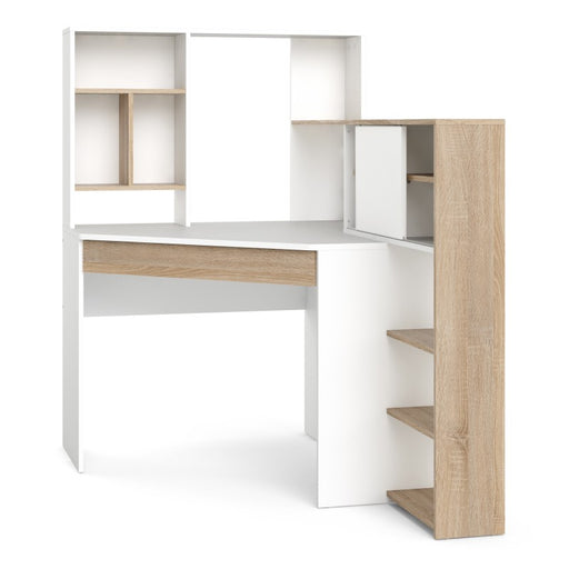 Corner Desk with multi-functional unit In White and Oak - The Furniture Mega Store 