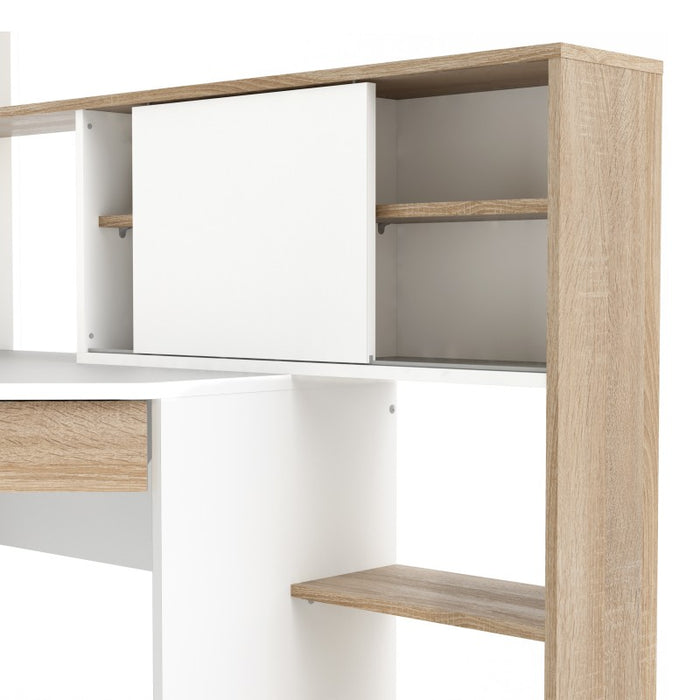 Corner Desk with multi-functional unit In White and Oak - The Furniture Mega Store 