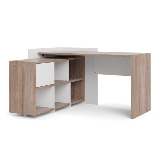 Unit Corner Desk with 6 Shelf Bookcase in White and Truffle Oak - The Furniture Mega Store 