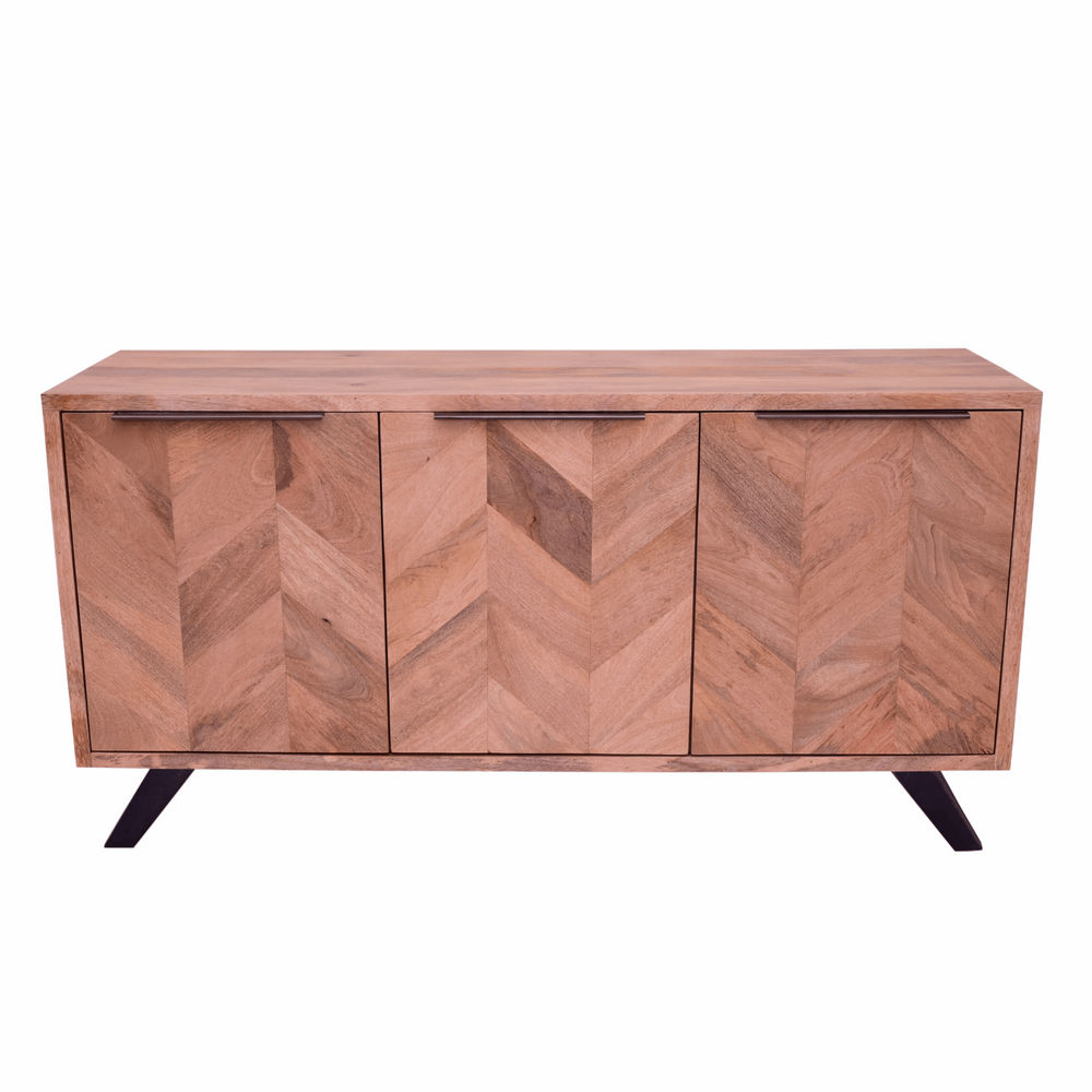 Akash Chevron Parquet Mango Wood Large 3 Door Sideboard - 145cm - The Furniture Mega Store