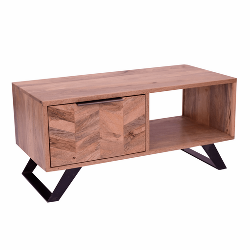 Akash Chevron Parquet Mango Wood Small TV Unit - 95cm - The Furniture Mega Store