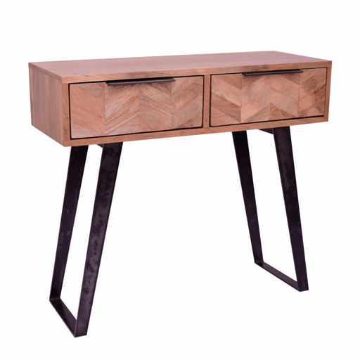 Akash Chevron Parquet Mango Wood 2 Drawer Console Table - 90cm - The Furniture Mega Store 
