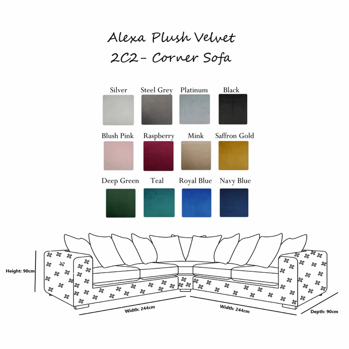 Alexa Plush Velvet Corner Sofa - Pillow Or Classic Back - Choice Of Sizes & Colours - The Furniture Mega Store