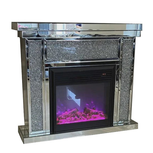 Crushed Diamond Mirrored Fire Surround with Multi Colour Electric Fire - The Furniture Mega Store 