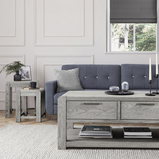 Flora Grey Washed Oak Coffee Table, Storage with 2 Drawers - The Furniture Mega Store