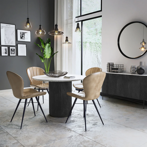 Miles Charcoal Fluted Mango & White Marble Top Round Dining Table 120cm - The Furniture Mega Store 