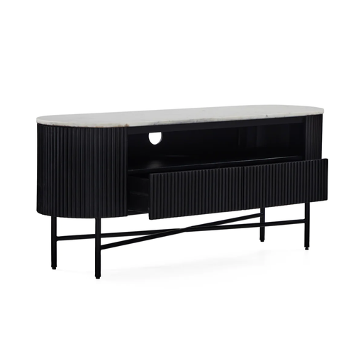 Miles Charcoal Fluted Mango & White Marble Small Curved TV Unit 120cm - The Furniture Mega Store 