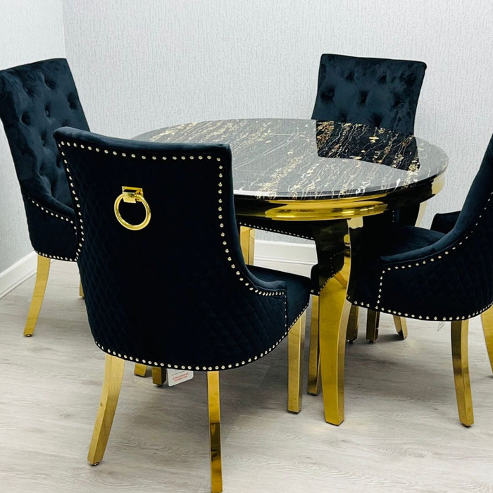 Louis 1.1m Round Black Marble & Gold Leg Dining Table & 4 Majestic Black Velvet & Gold Dining Chairs - The Furniture Mega Store