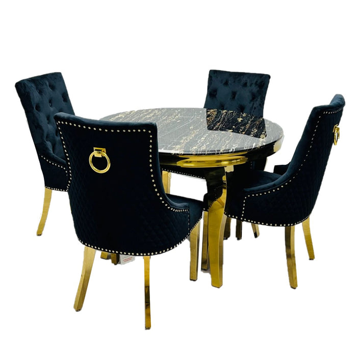 Louis 1.1m Round Black Marble & Gold Leg Dining Table & 4 Majestic Black Velvet & Gold Dining Chairs - The Furniture Mega Store