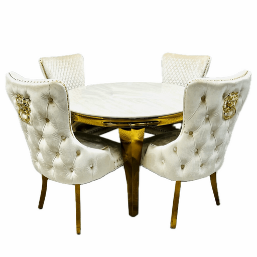 Sophia 1.1m Round Cream Marble & Gold Leg Dining Table & 4 Cream Velvet & Gold Dining Chairs - The Furniture Mega Store