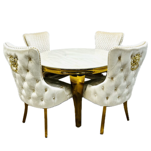 Sophia 1.1m Round Cream Marble & Gold Leg Dining Table & 4 Cream Velvet & Gold Dining Chairs