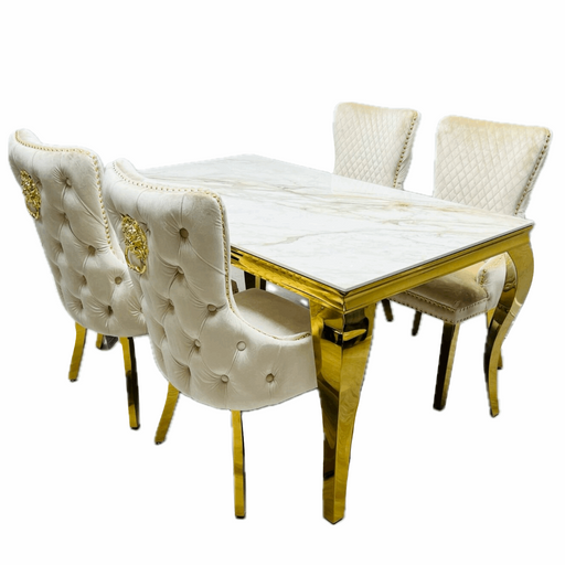 Sophia 1.6m Cream Marble & Gold Leg Dining Table & 4 Cream Velvet & Gold Dining Chairs - The Furniture Mega Store