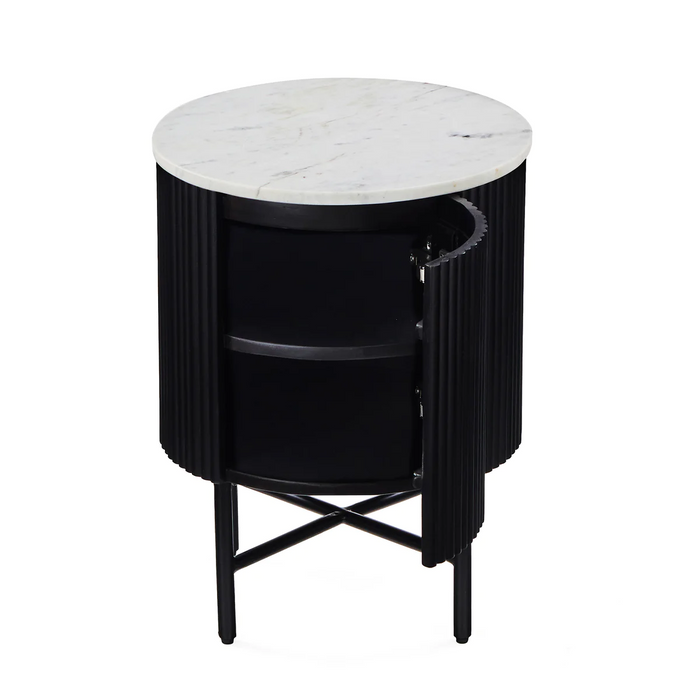 Miles Charcoal Fluted Mango & White Marble Top Round Side Table On Legs - The Furniture Mega Store