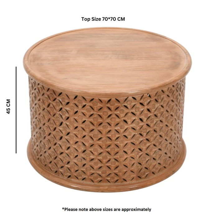 Carved Mango Wood Round Coffee Table - 70cm - The Furniture Mega Store 