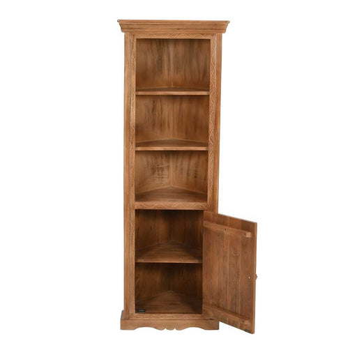 Carved Mango Wood Corner Bookcase With Cupboard - The Furniture Mega Store