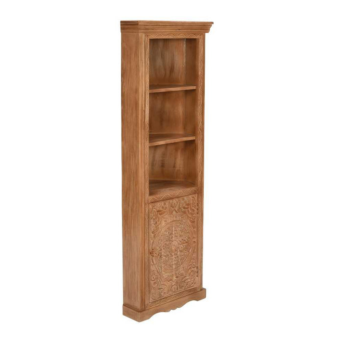 Carved Mango Wood Corner Bookcase With Cupboard - The Furniture Mega Store