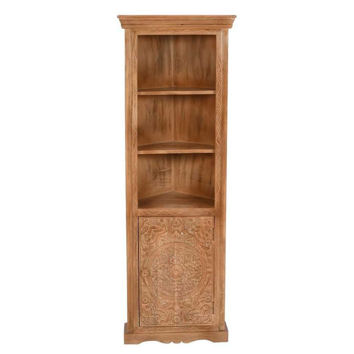 Carved Mango Wood Corner Bookcase With Cupboard - The Furniture Mega Store