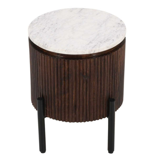 Opal Fluted Mango Wood & Marble Top Round Side Table - 35cm - The Furniture Mega Store