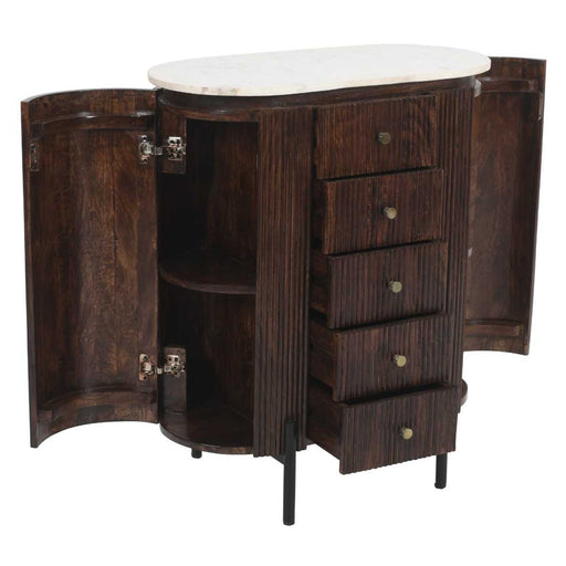 Opal Fluted Mango Wood & Marble Top Wide Chest Of 5 Drawers - The Furniture Mega Store