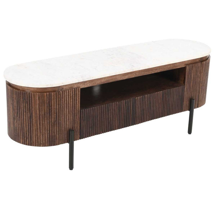 Opal Fluted Mango Wood & Marble Top 2 Door 2 Drawer TV Cabinet - 140cm - The Furniture Mega Store
