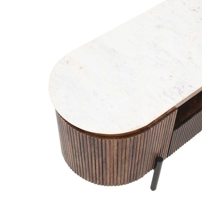 Opal Fluted Mango Wood & Marble Top 2 Door 2 Drawer TV Cabinet - 140cm - The Furniture Mega Store