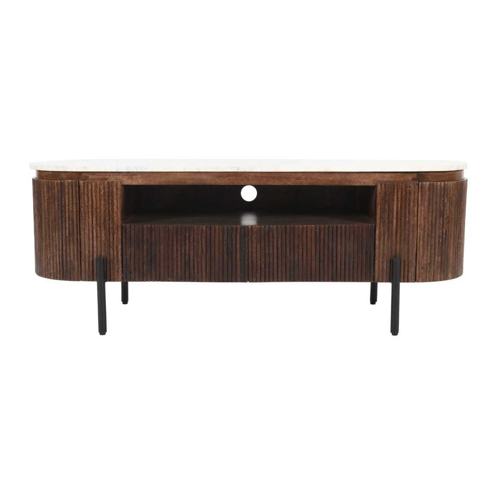 Opal Fluted Mango Wood & Marble Top 2 Door 2 Drawer TV Cabinet - 140cm - The Furniture Mega Store