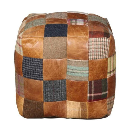 Brown Vintage Leather, Harris Tweed & Moon Wool Patchwork Square Bean Bag - The Furniture Mega Store