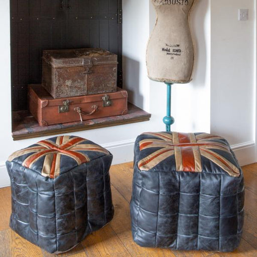 Union Jack Vintage Leather Cube Bean Bag - Large - The Furniture Mega Store 