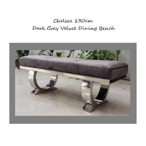 Chelsea Dark Grey Velvet & Chrome Leg Dining Bench - 130cm - The Furniture Mega Store 