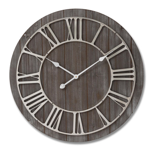 Grey Washed Wooden Wall Clock With Contrasting Nickel Detail - 68cm - The Furniture Mega Store 