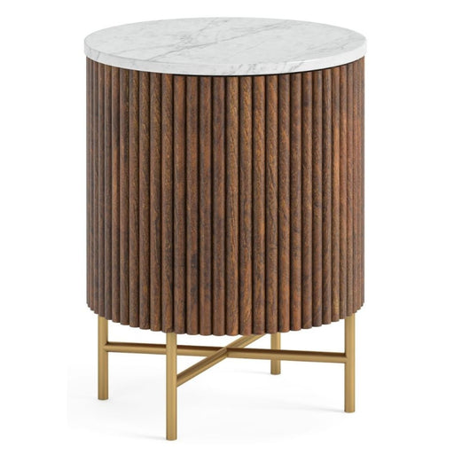 Piano Walnut Fluted Wood and Marble Top Round Bedside Table with 1 Door, Made of Mango Wood Ribbed and White Marble Top - The Furniture Mega Store