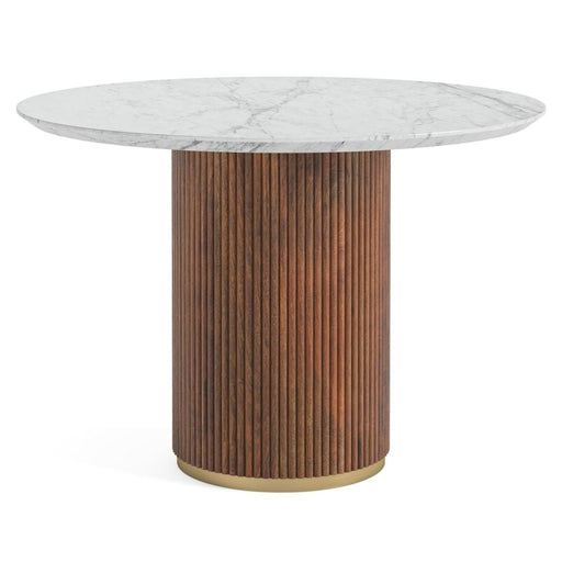 Piano Walnut Fluted Wood & Marble Top Round Dining Table - 120cm - The Furniture Mega Store 