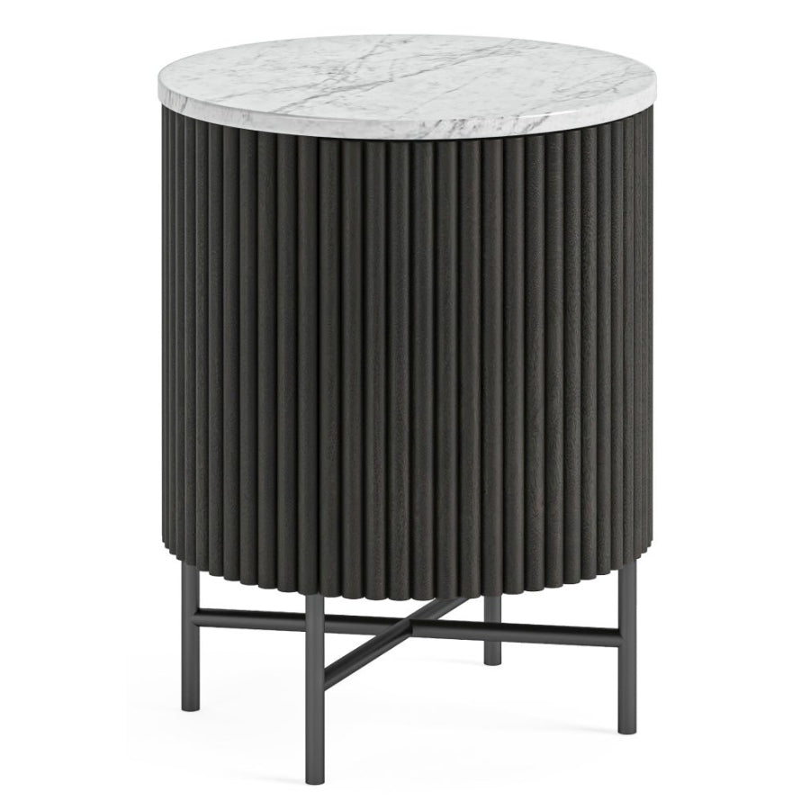 Piano Black Fluted Wood and Marble Top Round Bedside Table with 1 Door, Made of Mango Wood Ribbed and White Marble Top - The Furniture Mega Store