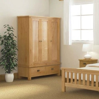 Addison Natural Oak Triple Wardrobe with 3 Doors & 2 Bottom Storage Drawers - The Furniture Mega Store