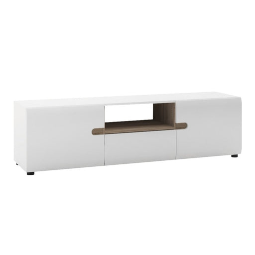 Chelsea White High Gloss & Truffle Oak Trim Wide TV Cabinet - The Furniture Mega Store 