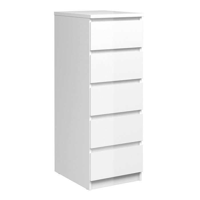 Naiah Narrow Chest of 5 Drawers in White High Gloss - The Furniture Mega Store