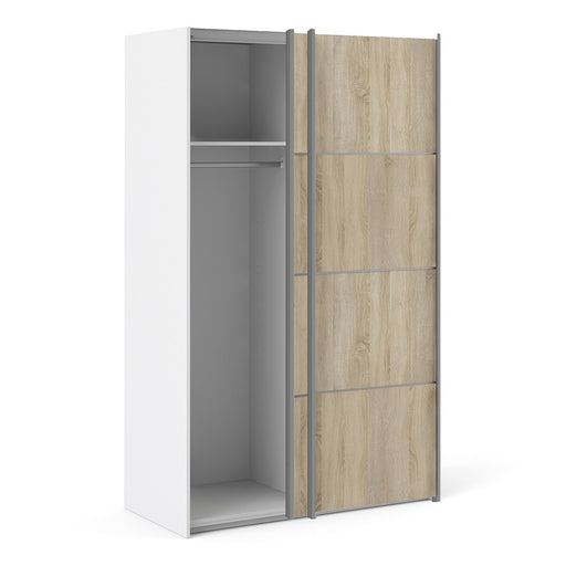 Verona Sliding Wardrobe 120cm in White with Oak Doors with 2 Shelves - The Furniture Mega Store
