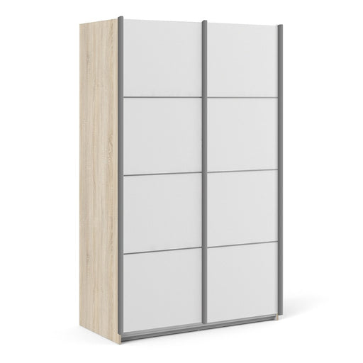 Verona Sliding Wardrobe 120cm in Oak with White Doors with 2 Shelves - The Furniture Mega Store