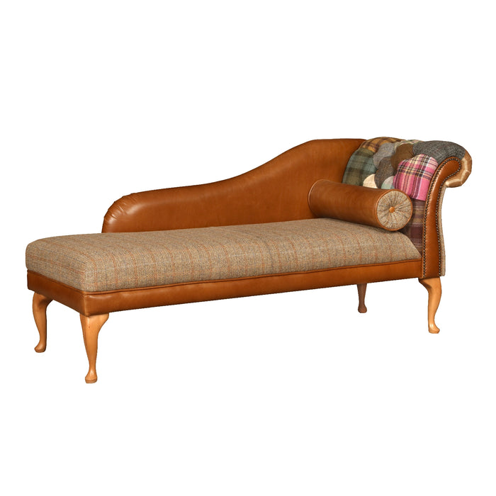 Vintage Leather, Harris Tweed & Moon Wool Patchwork Plain Back Chaise Lounge - The Furniture Mega Store 