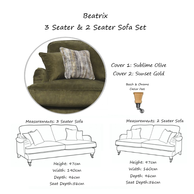 Beatrix 3 Seater & 2 Seater Sofa Set - Choice Of Fabric & Feet - The Furniture Mega Store 