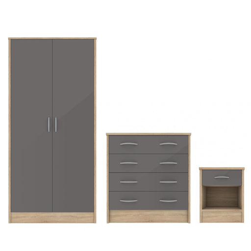 Grey Gloss & Oak - Wardrobe, Chest Drawers & Bedside - Bedroom Set - The Furniture Mega Store 
