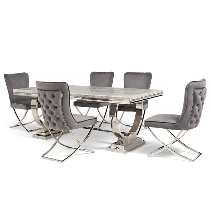 Chelsea 2m Light Grey Marble Dining Table & 6 Knightsbridge Grey Velvet Cross Leg Dining Chairs - The Furniture Mega Store