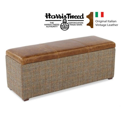 Vintage Leather & Harris Tweed Storage Bench 120cm - The Furniture Mega Store 