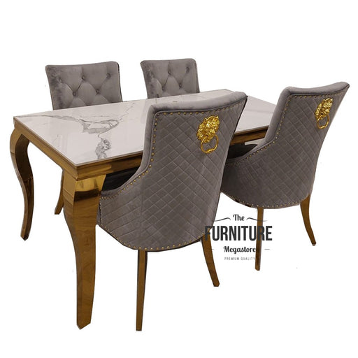 Louis 1.6 Gold Leg & Polar White Sintered Stone Top Dining Table & 4 Bentley Grey Velvet Dining Chairs - The Furniture Mega Store 