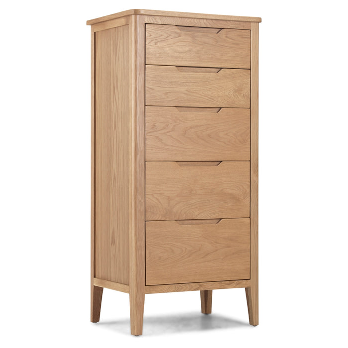 Harkuta Solid Oak 5 Drawer Tallboy Chest - The Furniture Mega Store