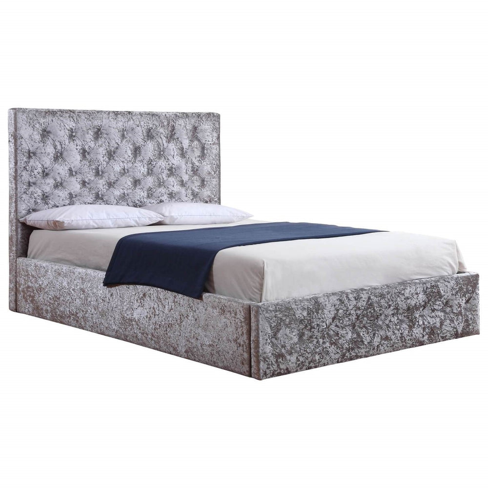 Crushed Velvet Storage Bed - Double 4'6 - Silver - The Furniture Mega Store
