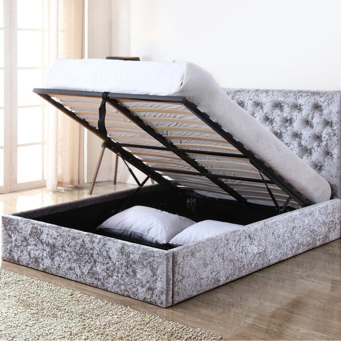 Crushed Velvet Storage Bed - Double 4'6 - Silver - The Furniture Mega Store
